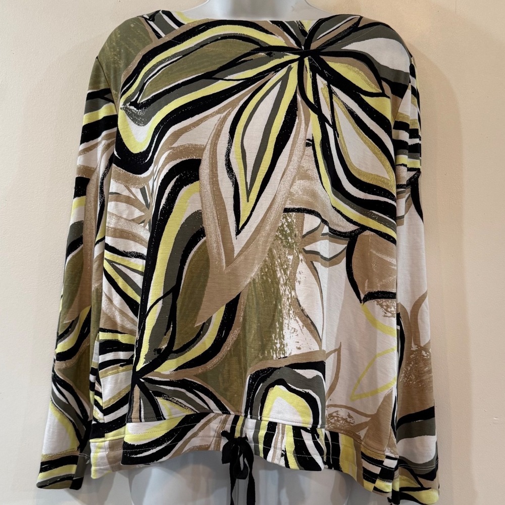Chico's Abstract Floral Hippie Drawstring Top Olive Yellow 3 dopamine XL funky - Picture 2 of 8